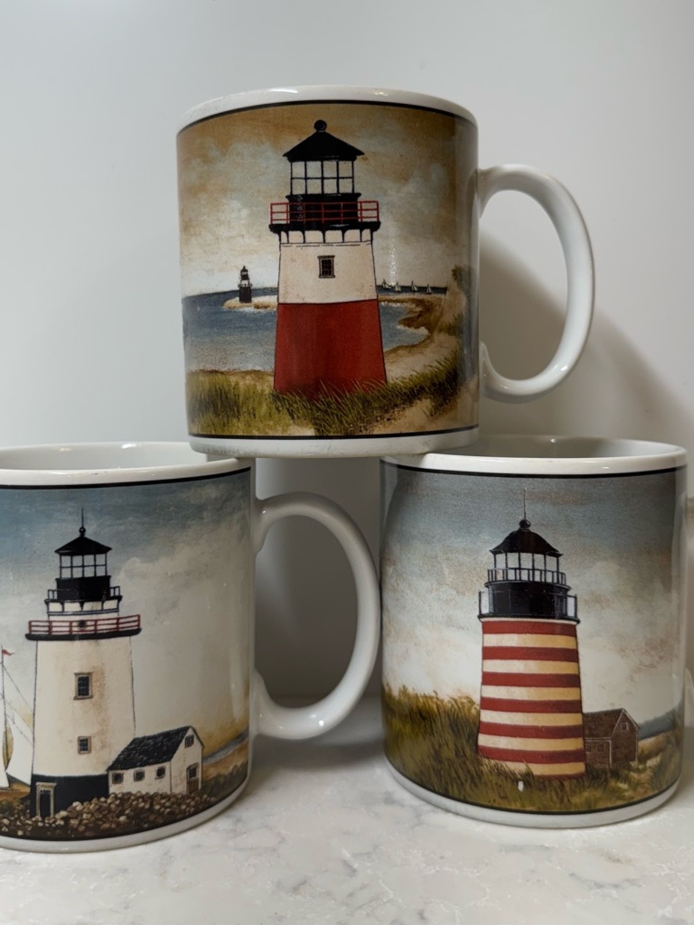 Oneida Lighthouse Ceramic Mug Set - White, Red, Black Set of 3